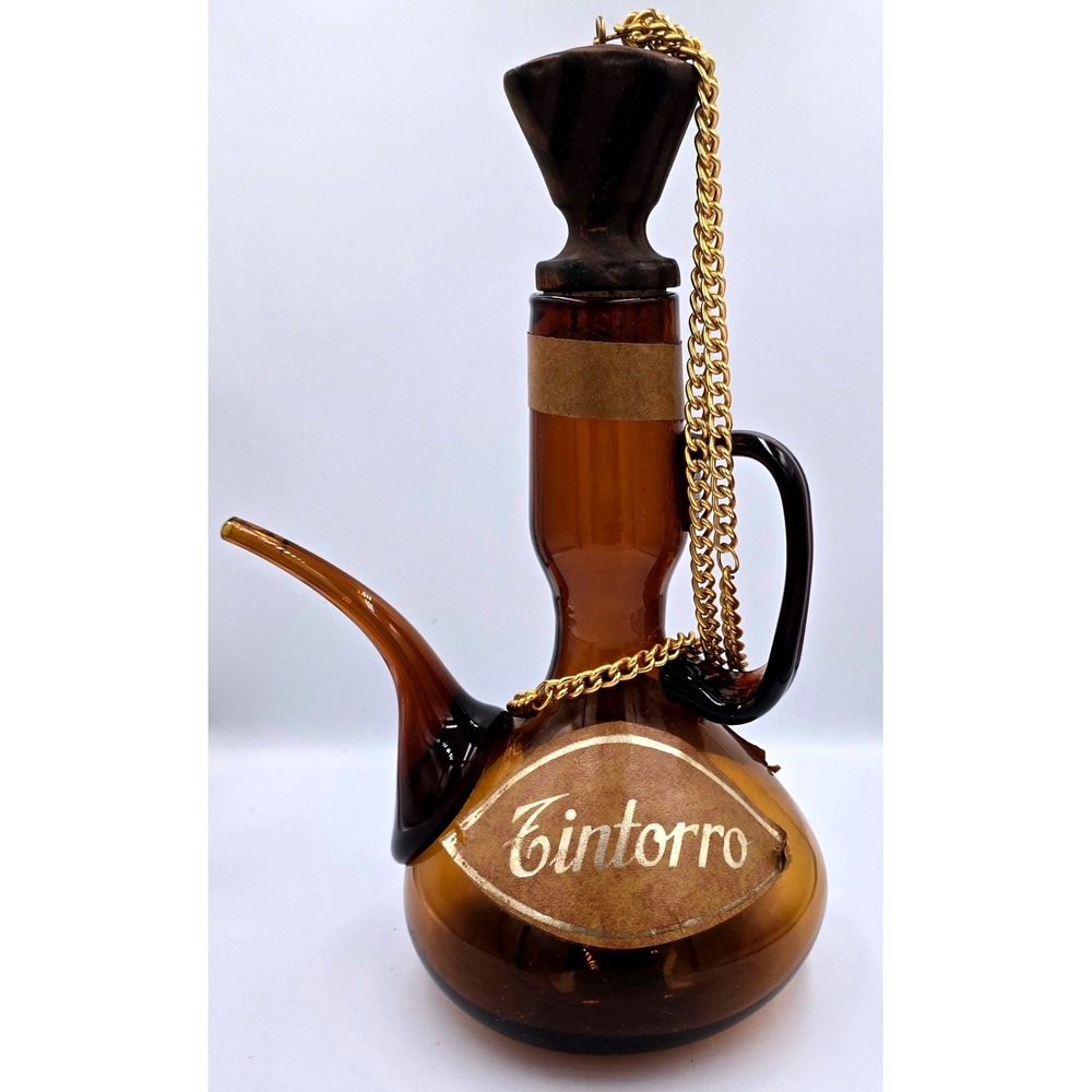 Vintage Tintorro Amber Glass Porron Decanter with Wood Stopper and Chain Handle